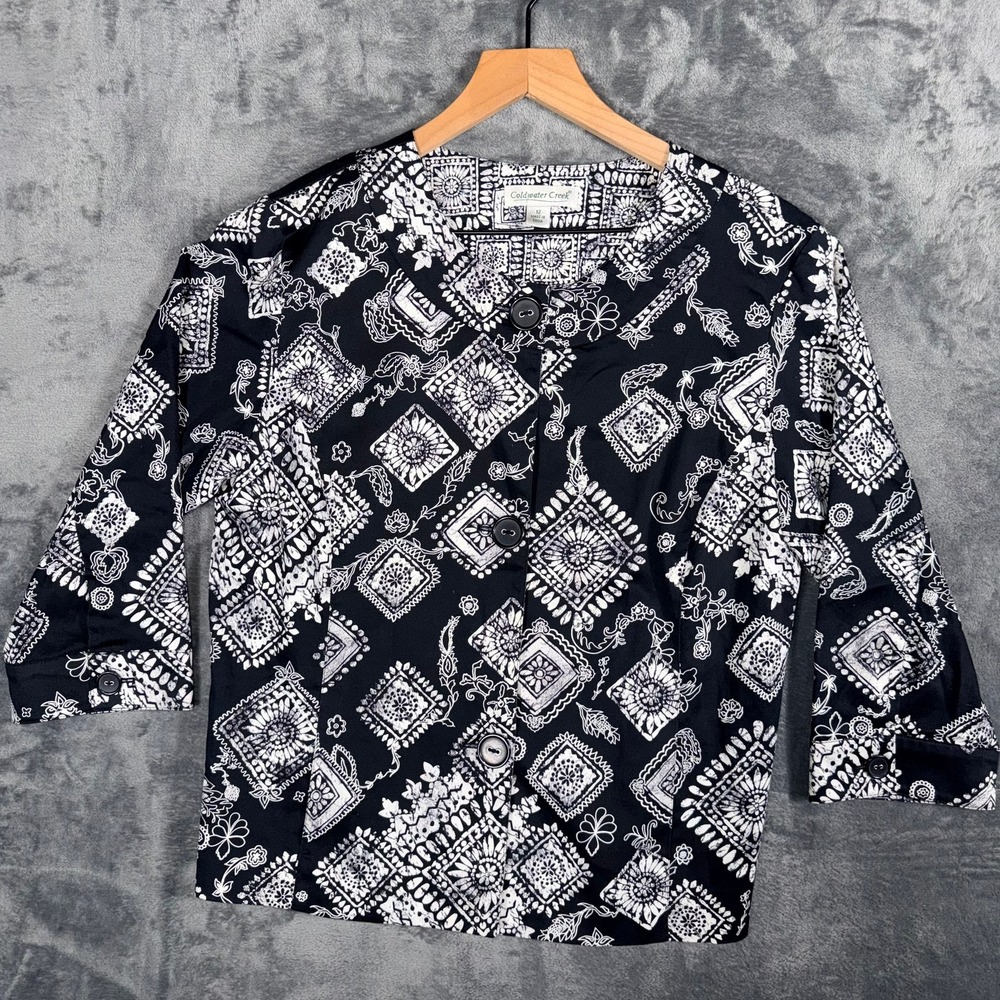 Coldwater Creek Womens Jacket Blouse Size 12 Black White Geometric‎ 3/4 Sleeve